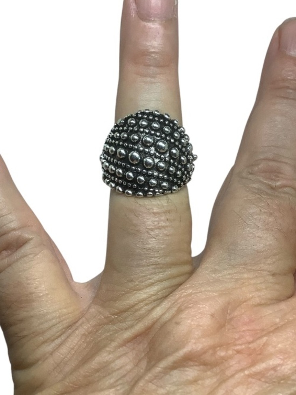 Silver tone Dome Beaded Statement Ring -size 8
